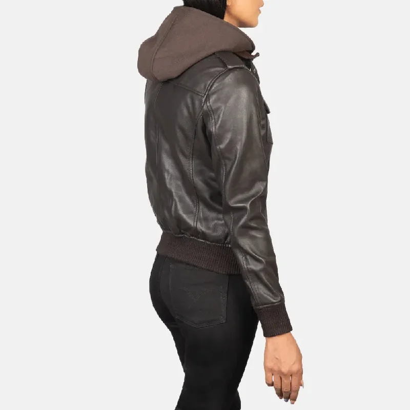 Leather Bomber Jacket Brown with Removable Fabric Hood