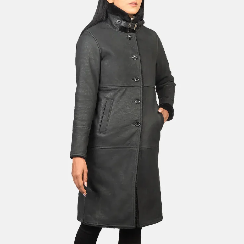 Long Black Trench Coat in Sheepskin Leather