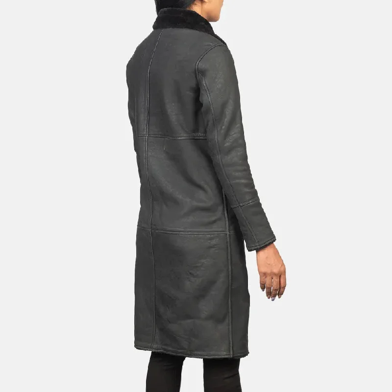 Long Black Trench Coat in Sheepskin Leather