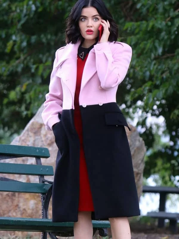 Lucy Hale Katy Keene Pink And Black Trench Coat