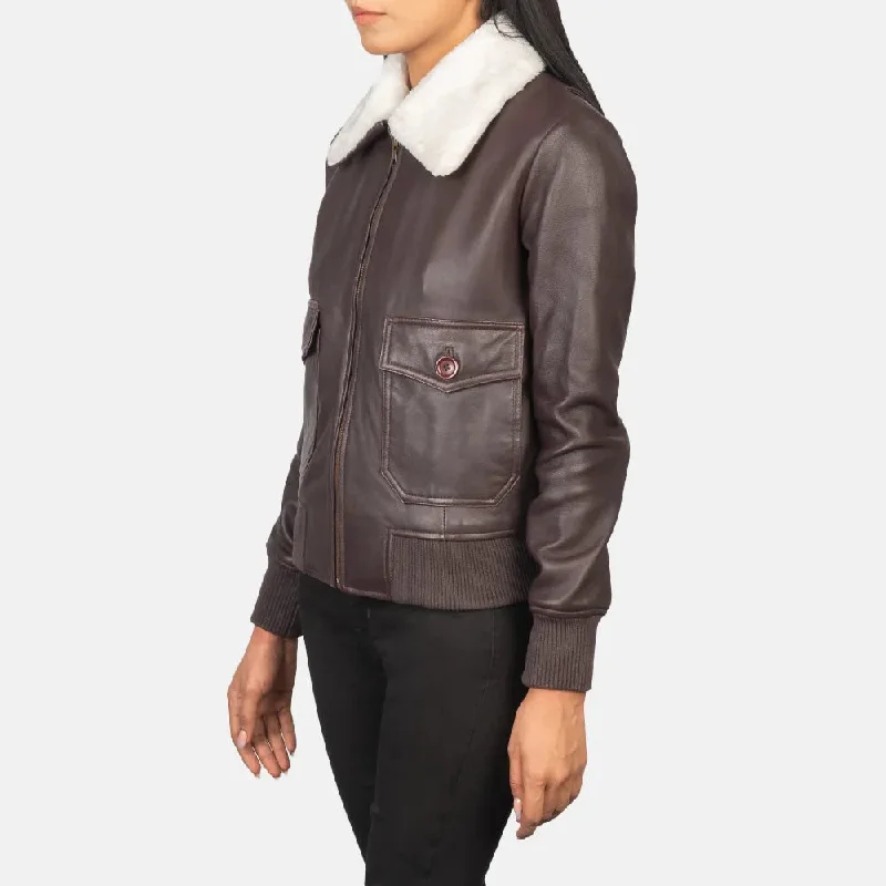 Bomber Maroon Leather Jacket Women with Removable Collar