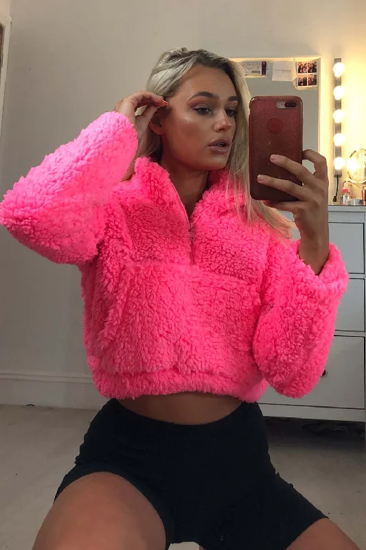 Neon Pink Teddy Bear Pullover Jacket