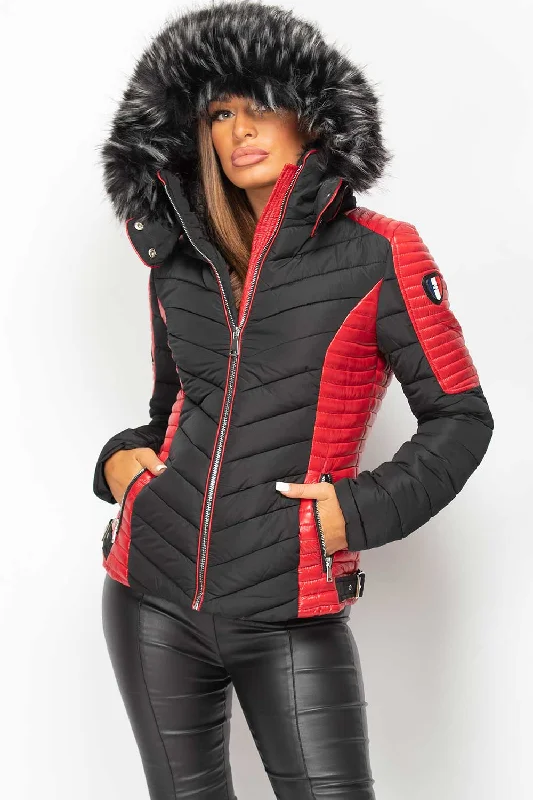 Puffer Coat With Faux Fur Black And Red