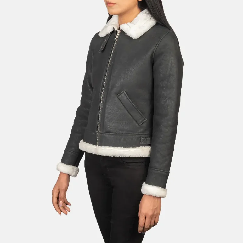 Bomber Black & White Leather Jacket Women with Zipper Closure