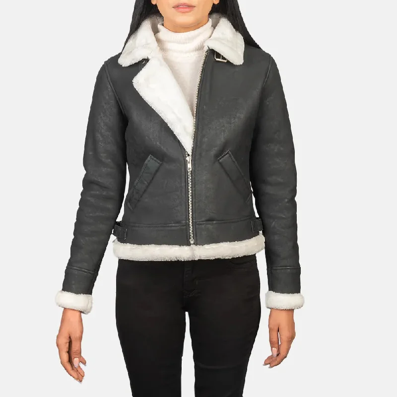 Bomber Black & White Leather Jacket Women with Zipper Closure