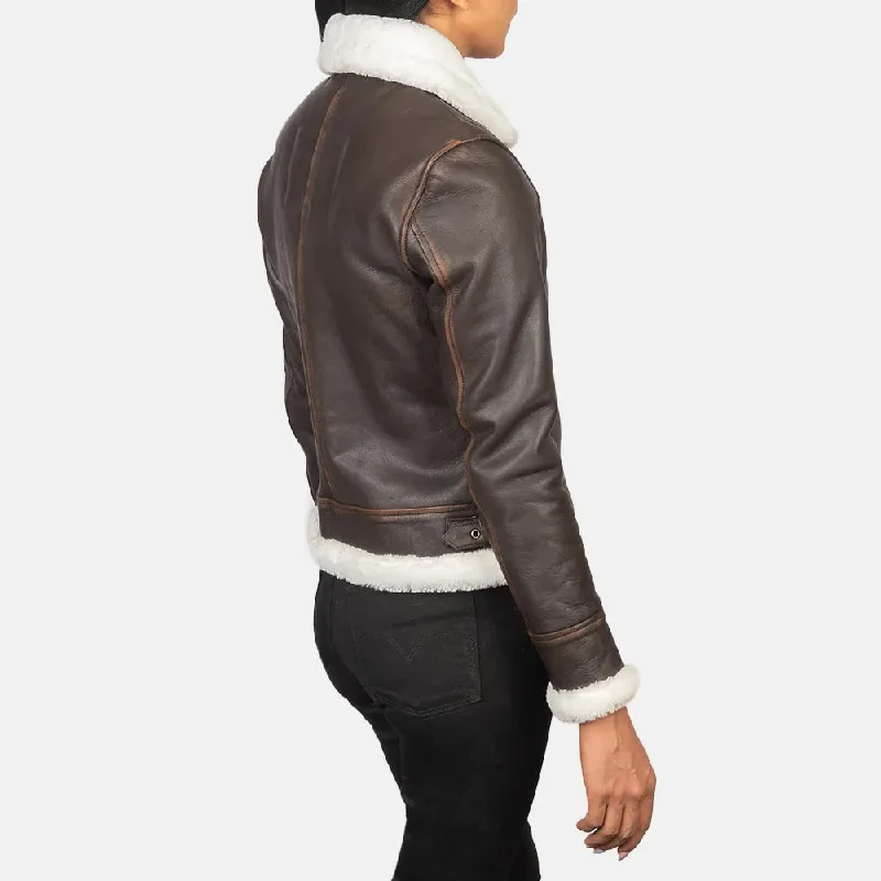 Brown Women's Leather Bomber Jacket with Buckled Collar