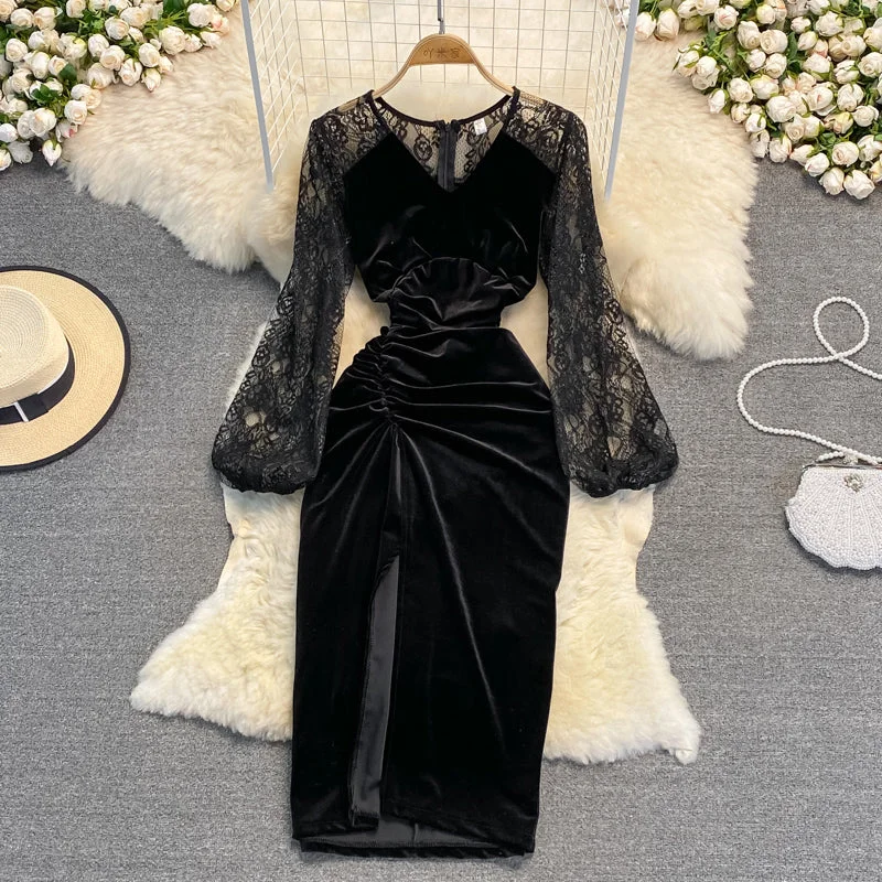 Black V Neck Velvet Dress Long Sleeve Dress  10925