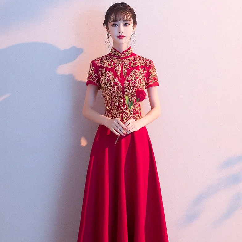 Cap Sleeve Floral Appliques Mandarin Collar Full Length Oriental Evening Dress