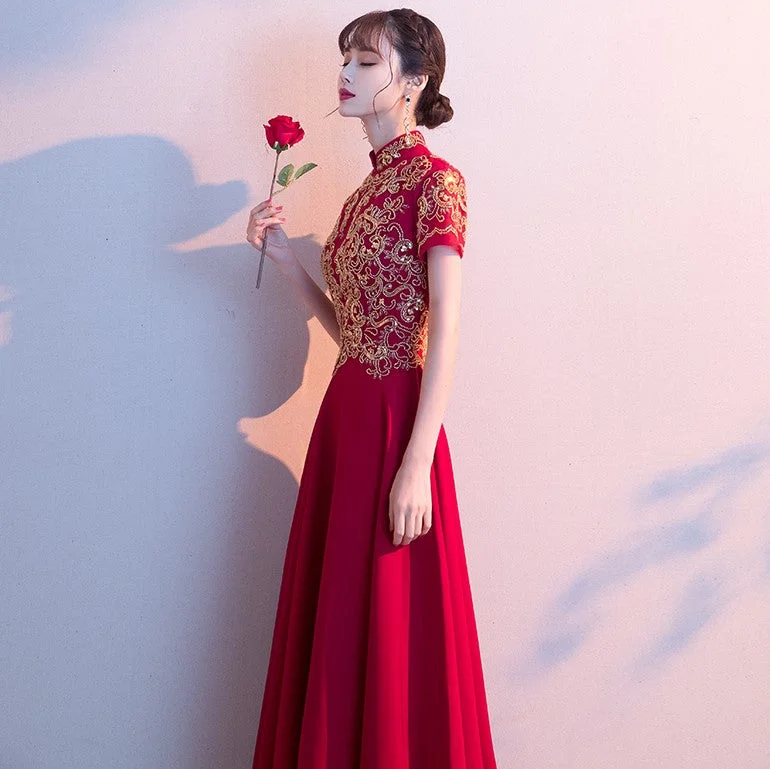 Cap Sleeve Floral Appliques Mandarin Collar Full Length Oriental Evening Dress