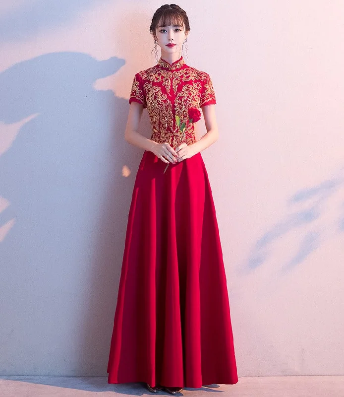 Cap Sleeve Floral Appliques Mandarin Collar Full Length Oriental Evening Dress