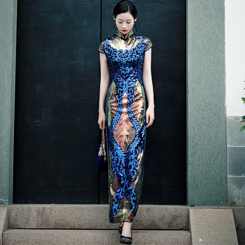 Floral Sequins Velvet Traditional Cheongsam Chinese Evening Dress