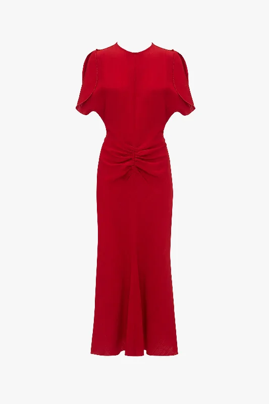 Gathered Waist Midi Dress In Carmine