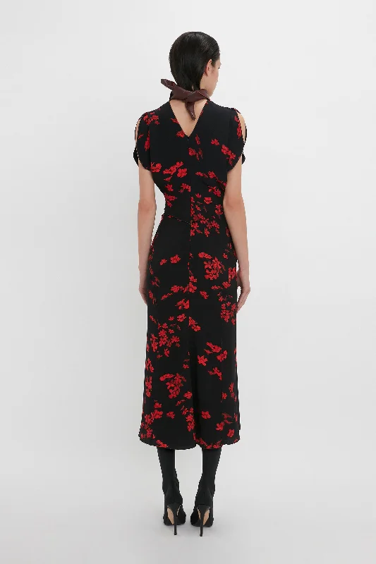 Gathered Waist Midi Dress In Sci-Fi Black Floral