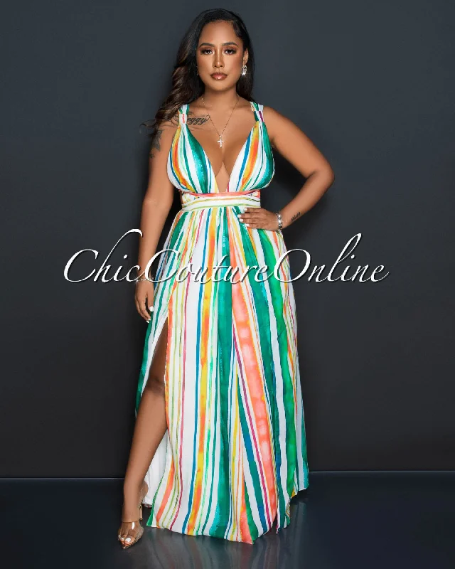 Gorell White Multi-Color Print Waist Cut-Out Maxi Dress