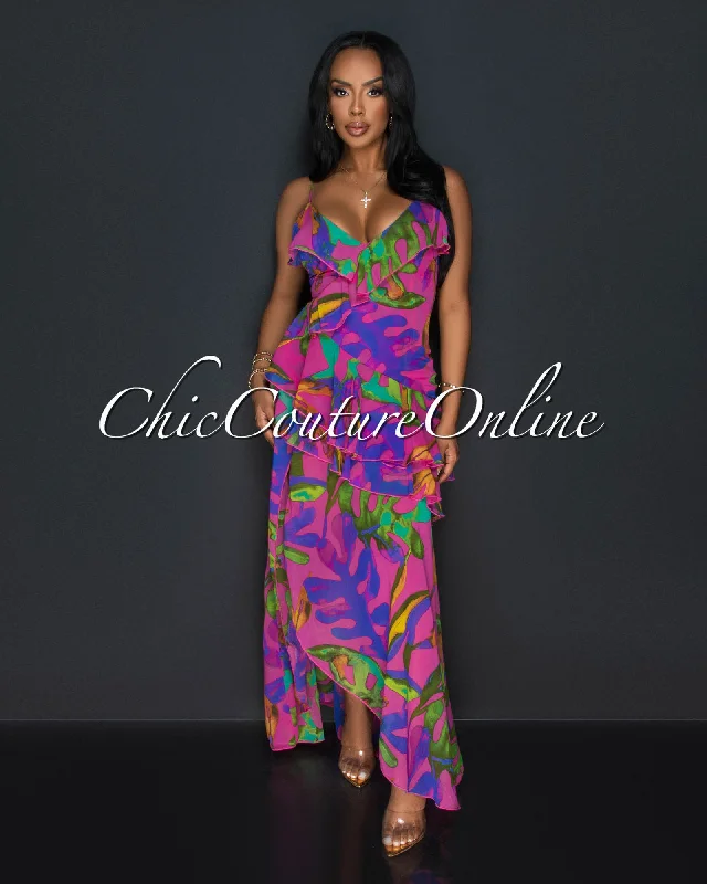 Iza Fuchia Blue Print Ruffle Maxi Dress