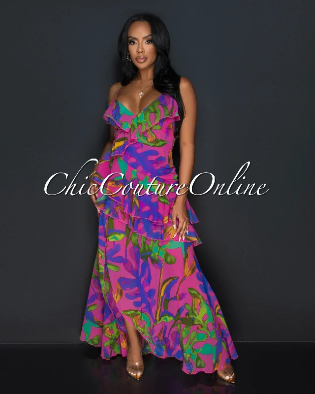 Iza Fuchia Blue Print Ruffle Maxi Dress