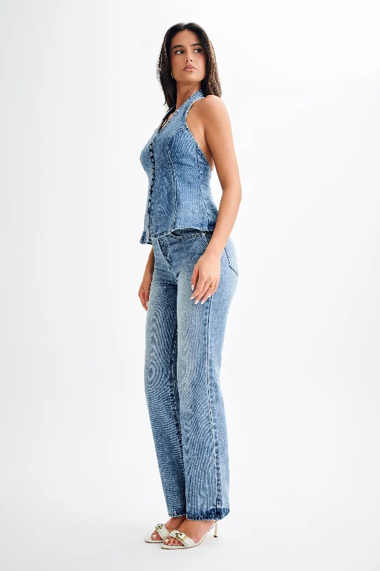 Janine High Waisted Straight Leg Jeans - Washed Mid Blue