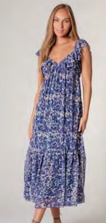 Lavender Brown Navy Blue Floral Maxi Dress