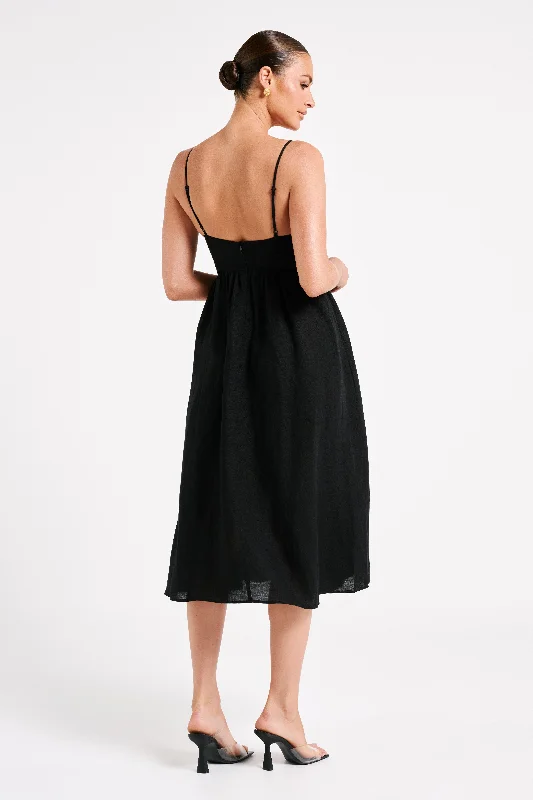 Magdelena Cut Out Linen Midi Dress - Black