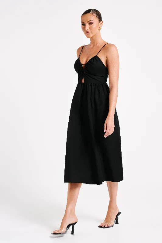 Magdelena Cut Out Linen Midi Dress - Black