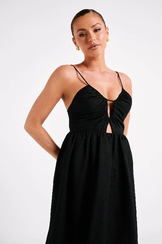 Magdelena Cut Out Linen Midi Dress - Black