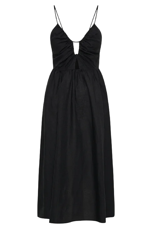 Magdelena Cut Out Linen Midi Dress - Black