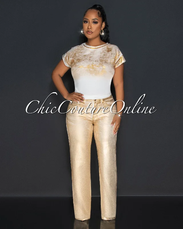 Caline White Gold Foil Wide Jeans