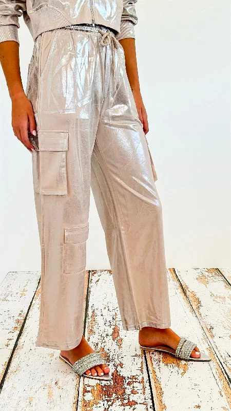 Metallic Cargo Sweatpants - Beige