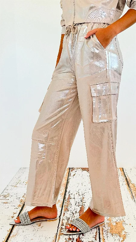 Metallic Cargo Sweatpants - Beige