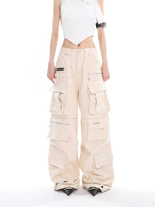 Ladia Solid Color Apricot High Waist Streetwear Multi-Pocket Straight Leg Cargo Pants