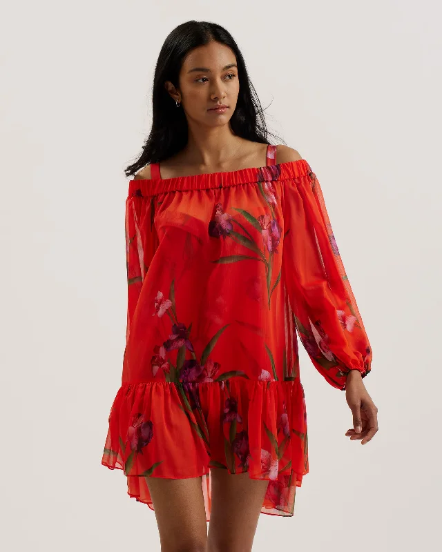 Ariizon Floral Bardot Beach Cover Up Brt-Red