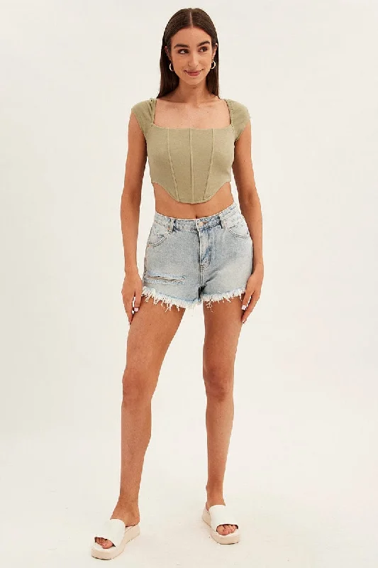 Blue Relaxed Denim Shorts High Rise