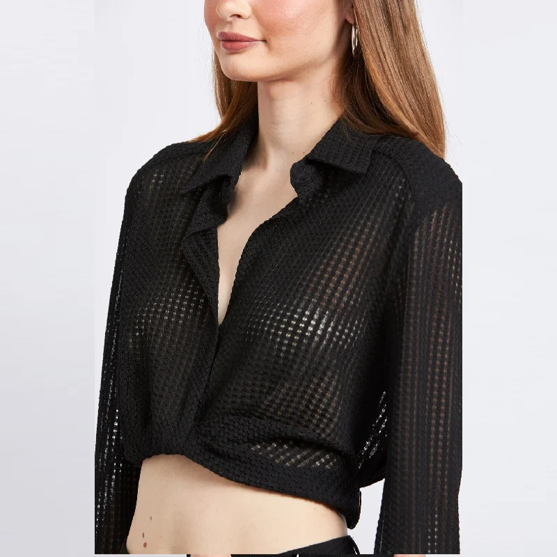 Long Sleeve Collared Knit Top (Black)