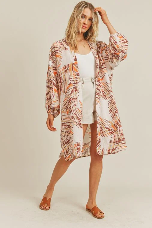 Long Sleeve Printed Kimono (Orange Brown Abstract)