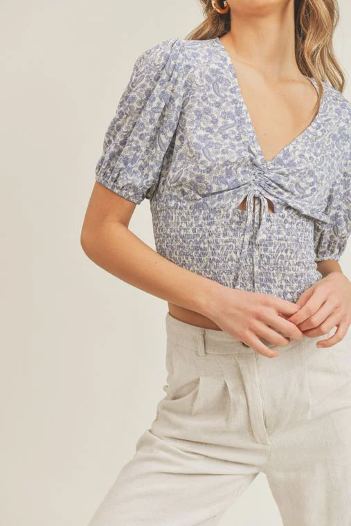 Printed Drawstring Top (Denim Paisley)