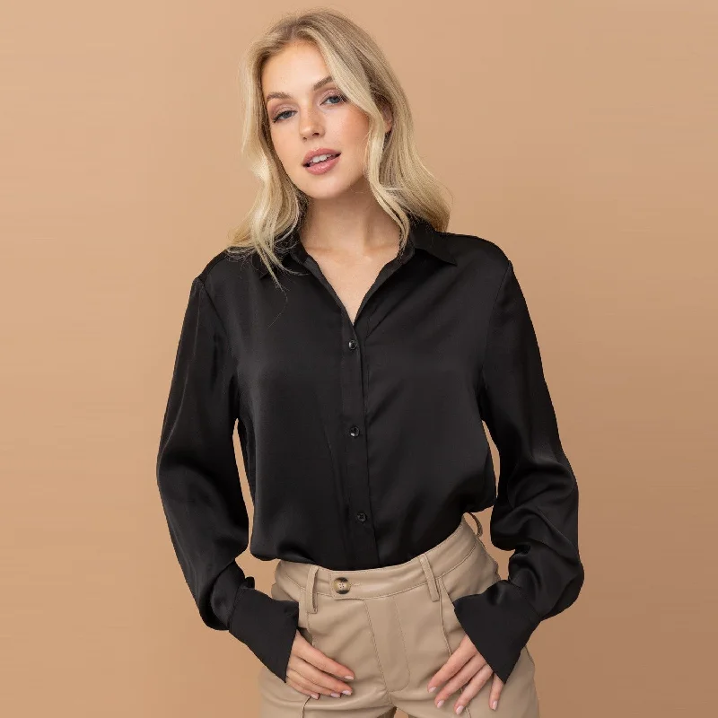 Satin Button Down Blouse (Black)