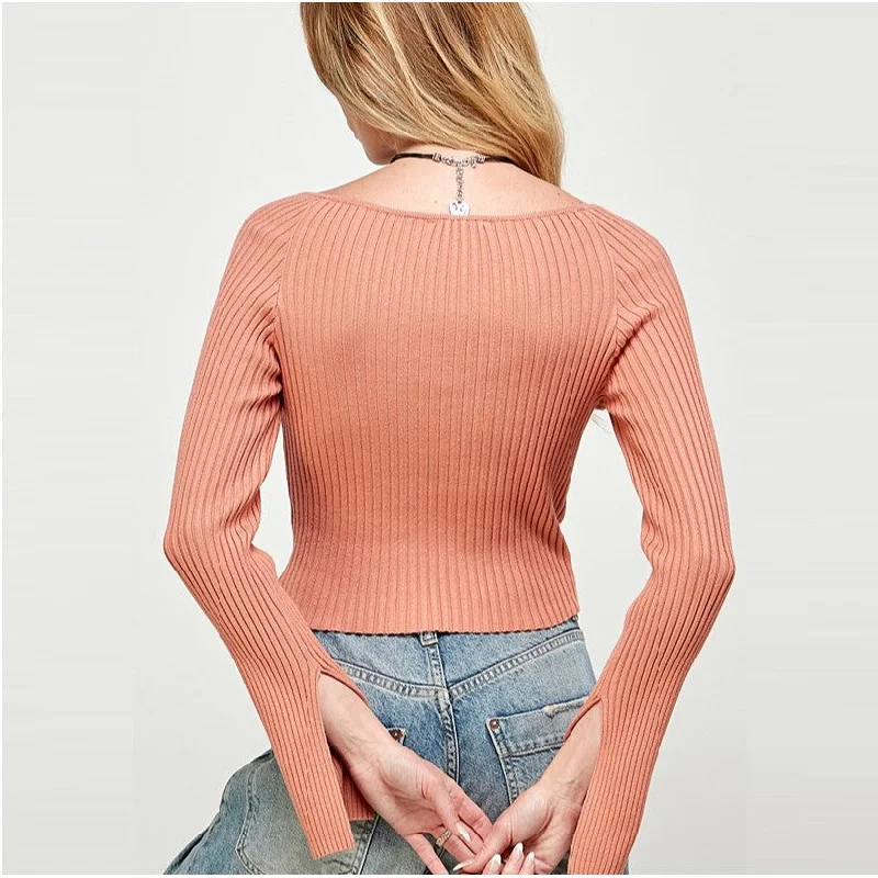 Square Neck Line Knit Top with Sleeves Slits (Sienna)