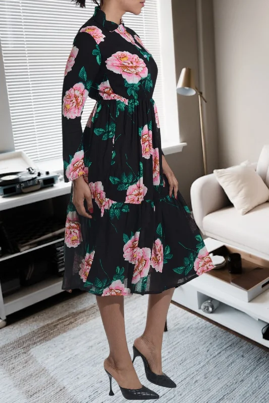 Black And Pink Floral Collar Ruffle Dress