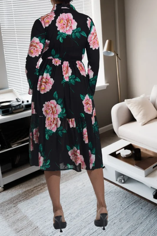 Black And Pink Floral Collar Ruffle Dress