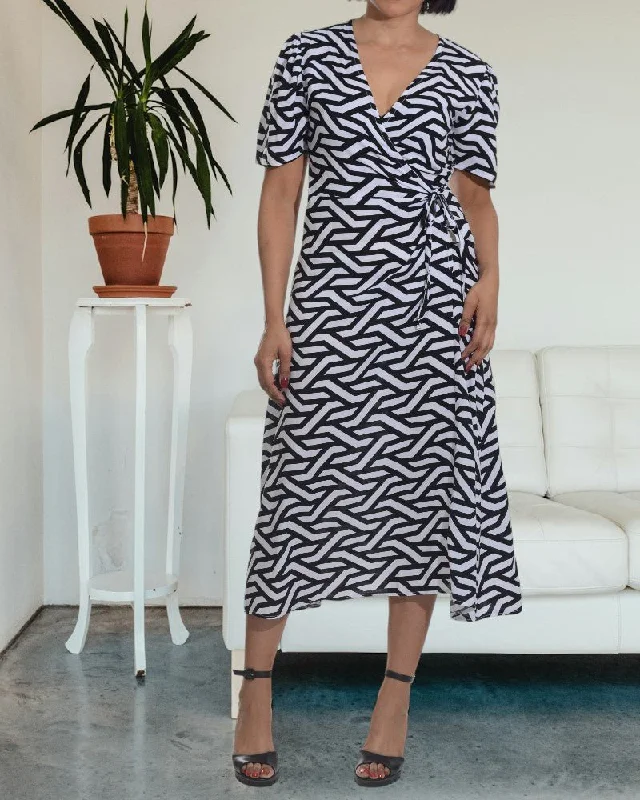 Black Patterned Wrap Dress