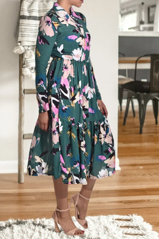 Green Floral Collar Ruffle Dress