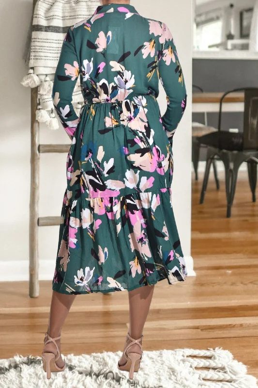 Green Floral Collar Ruffle Dress