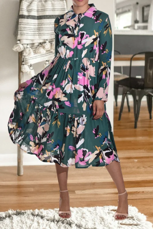 Green Floral Collar Ruffle Dress