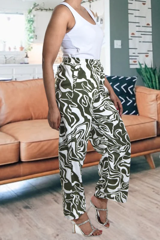 Olive Swirl Print Pocket Pants