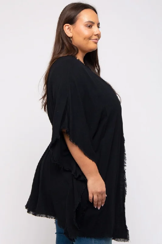 Black Fringe Plus Dolman Sleeve Cover Up