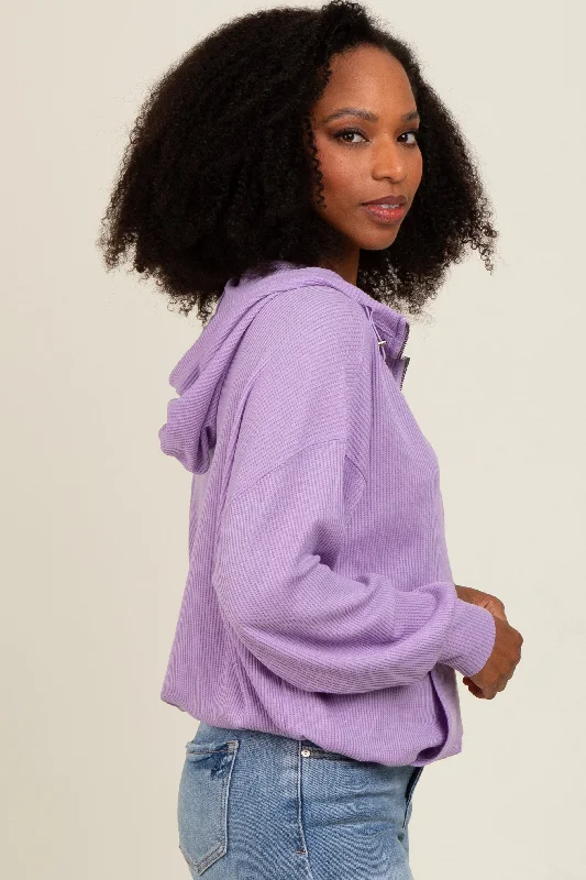 Lavender Waffle Knit Half Zip Relaxed Fit Hoodie