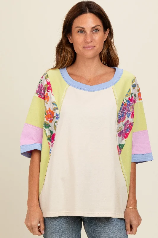 Lime Floral Colorblock Raw Hem Oversized Top