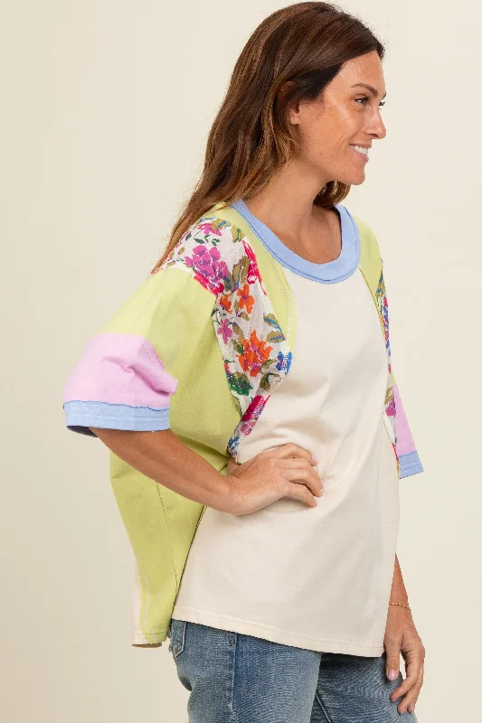 Lime Floral Colorblock Raw Hem Oversized Top