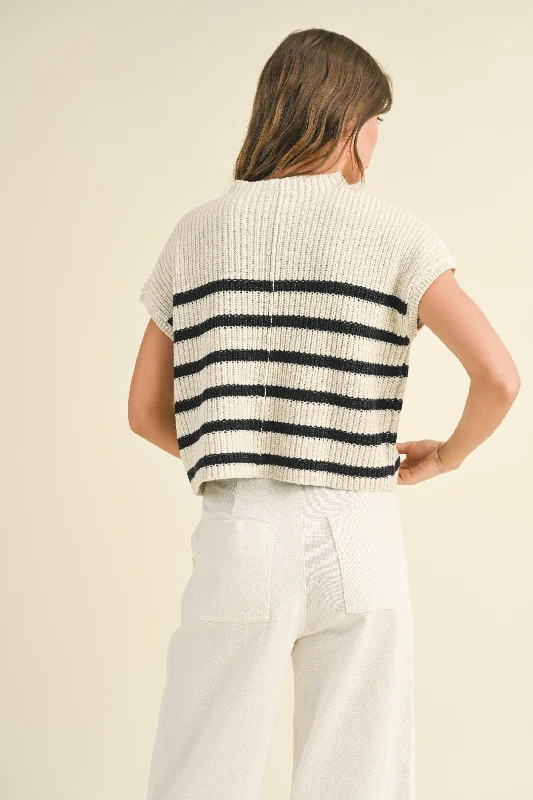 White Charcoal Half Mock Neck Striped Knit Top