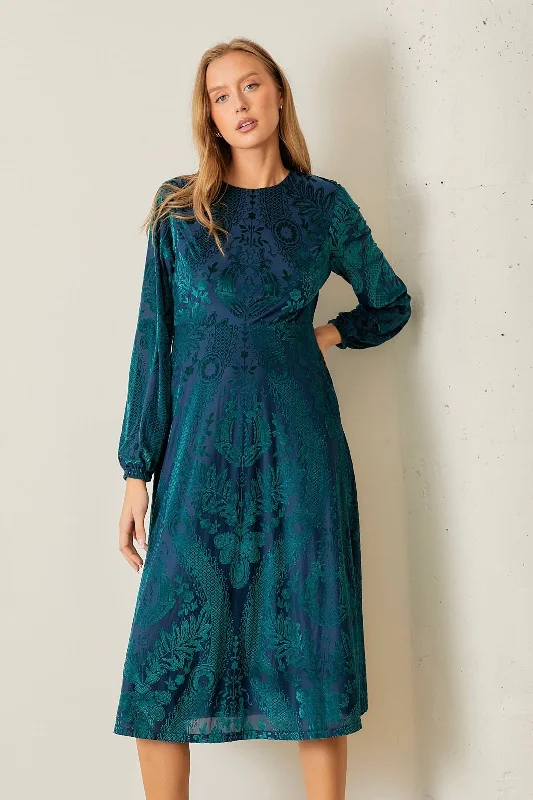 Burnout Velvet Print Dress Green